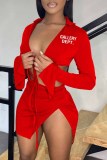 Pink Sexy Street Print Bandage Letter Turndown Collar Long Sleeve Two Pieces