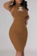 Brown Sexy Street Print Hollowed Out Frenulum Half A Turtleneck One Step Skirt Dresses