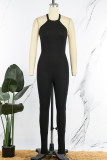 Black Sexy Casual Solid Backless O Neck Skinny Jumpsuits