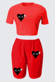 Red Casual Print Patchwork O Neck Short Sleeve Two Pieces