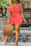 Red Street Solid Hollowed Out Off the Shoulder Regular Rompers
