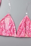 Pink Sexy Print Bandage Backless Spaghetti Strap Sleeveless Two Pieces