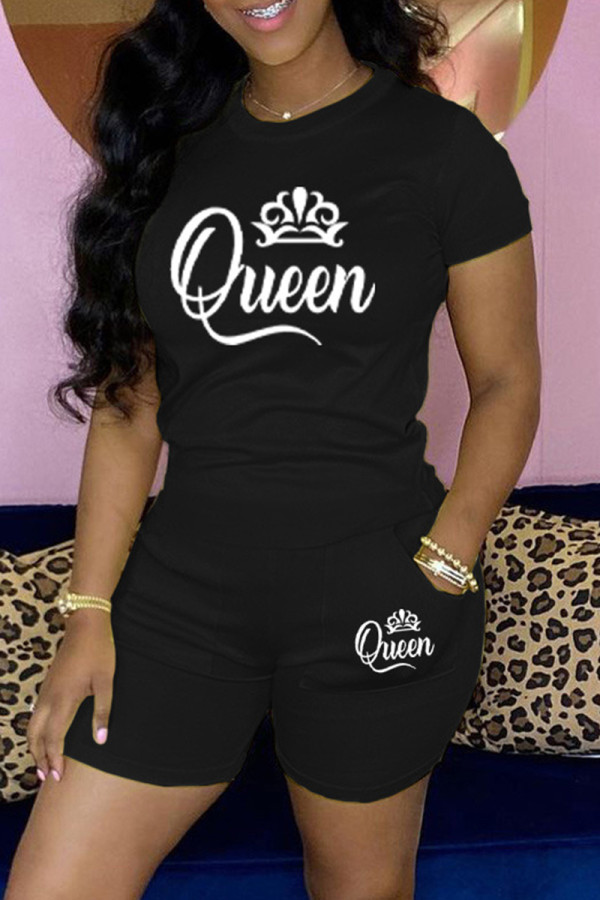 Black Casual Letter Print Basic O Neck Short Sleeve Two Pieces