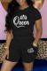 Black Casual Letter Print Basic O Neck Short Sleeve Two Pieces
