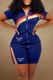 Blue Casual Street Print Letter Zipper Collar Short Sleeve Two Pieces