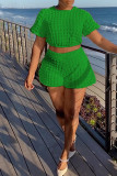 Green Casual Solid Patchwork O Neck Short Sleeve Two Pieces
