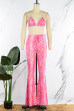 Pink Sexy Print Bandage Backless Spaghetti Strap Sleeveless Two Pieces