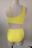 Yellow Sexy Solid Backless One Shoulder Plus Size Swimwear (With Paddings)