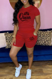 Red Casual Letter Print Basic O Neck Short Sleeve Two Pieces