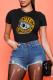 Black Casual Print Skull Patchwork O Neck T-Shirts