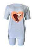 Grey Brown Casual Print Patchwork O Neck Short Sleeve Two Pieces