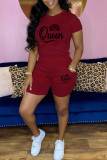 Red Casual Letter Print Basic O Neck Short Sleeve Two Pieces
