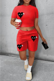 Red Casual Print Patchwork O Neck Short Sleeve Two Pieces