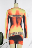 Yellow Sexy Street Print Patchwork O Neck One Step Skirt Dresses