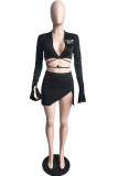Pink Sexy Street Print Bandage Letter Turndown Collar Long Sleeve Two Pieces