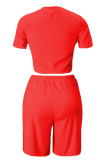 Red Casual Print Patchwork O Neck Short Sleeve Two Pieces