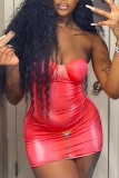 Orange Red Sexy Print Patchwork Strapless Pencil Skirt Dresses
