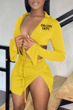 Pink Sexy Street Print Bandage Letter Turndown Collar Long Sleeve Two Pieces