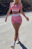 Pink Casual Sportswear Patchwork Contrast O Neck Short Sleeve Two Pieces