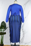 Blue Casual Striped Print Tassel Patchwork V Neck Plus Size Two Pieces