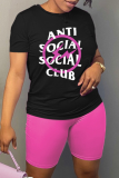 Black Casual Print Patchwork Letter O Neck Short Sleeve Two Pieces