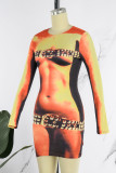 Yellow Sexy Street Print Patchwork O Neck One Step Skirt Dresses