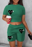 Red Casual Print Patchwork O Neck Short Sleeve Two Pieces
