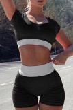 Pink Casual Sportswear Patchwork Contrast O Neck Short Sleeve Two Pieces