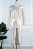 White Sexy Solid Hollowed Out Slit Turtleneck Long Dress Dresses