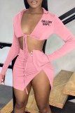 Pink Sexy Street Print Bandage Letter Turndown Collar Long Sleeve Two Pieces