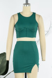 Ink Green Sexy Solid Patchwork Slit O Neck Sleeveless Two Pieces