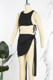 Black Sexy Solid Bandage O Neck Sleeveless Two Pieces