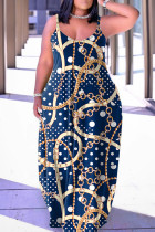Tibetan Blue Sexy Casual Print Backless Spaghetti Strap Long Dress Dresses