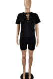 Black Casual Solid Bandage Hollowed Out Patchwork O Neck Short Sleeve Two Pieces