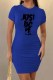 Blue Casual Print Letter O Neck One Step Skirt Dresses