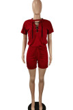 Black Casual Solid Bandage Hollowed Out Patchwork O Neck Short Sleeve Two Pieces