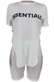 White Casual Letter Print Frenulum O Neck Short Sleeve Two Pieces