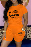 Orange Casual Letter Print Basic O Neck Short Sleeve Two Pieces