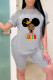 Grey Brown Casual Print Patchwork O Neck Short Sleeve Two Pieces