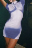Blue Casual Print Basic Half A Turtleneck Short Sleeve Dress