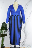 Blue Casual Striped Print Tassel Patchwork V Neck Plus Size Two Pieces