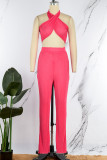 Rose Red Sexy Solid Patchwork Fold Without Belt Halter Sleeveless Two Pieces