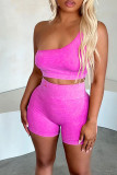 Pink Sexy Solid Patchwork Oblique Collar Sleeveless Two Pieces