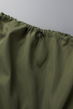 Green Street Solid Patchwork Draw String Pocket High Waist Straight Solid Color Bottoms