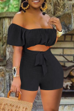 Yellow Street Solid Hollowed Out Off the Shoulder Regular Rompers