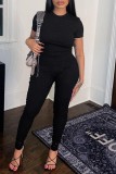 Black Casual Sportswear Solid Basic O Neck Short Sleeve Two Pieces