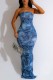Blue Sexy Print Backless Strapless Long Dress Dresses