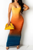 Lemon Yellow Fashion Sexy Gradual Change Print Backless Spaghetti Strap Sleeveless Dress Dresses