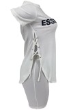 White Casual Letter Print Frenulum O Neck Short Sleeve Two Pieces