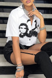 White Casual Street Print Patchwork Buckle Turndown Collar Tops